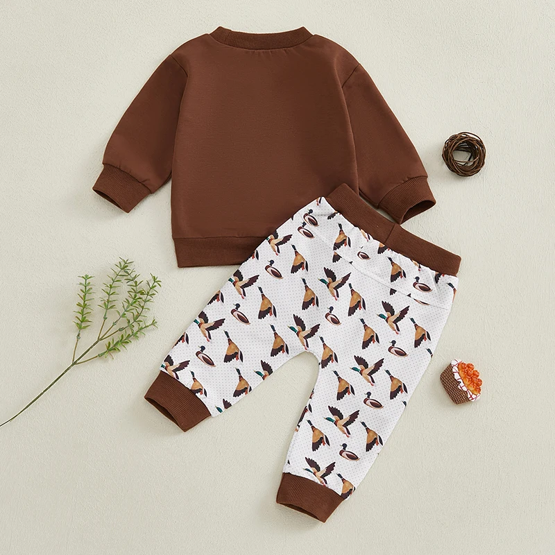 Baby Boy 2Pcs Fall Outfit Long Sleeve Letter Sweatshirt Duck Print Pants Set Toddler Clothes