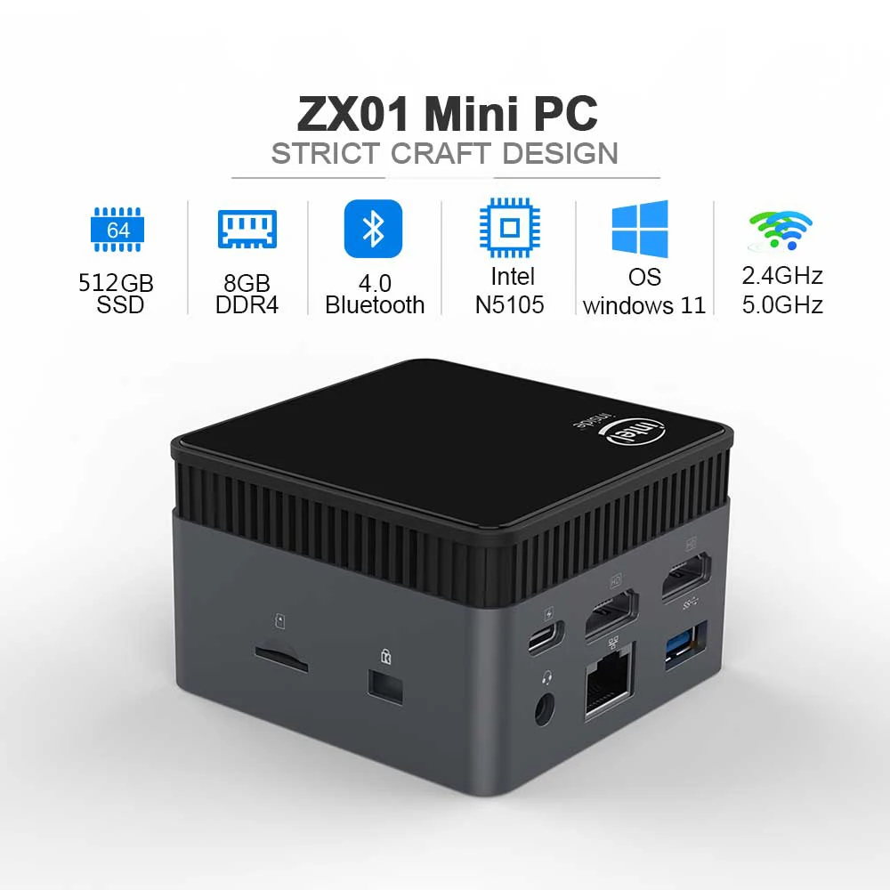 ZX01 Quad Core Mini PC, Computador de mesa para jogos, Intel N5105, 2.9GHz, DDR4, 8GB, SSD 512GB, 1000M, 5G, WiFi, BT4.2, Windows 11, PK T4