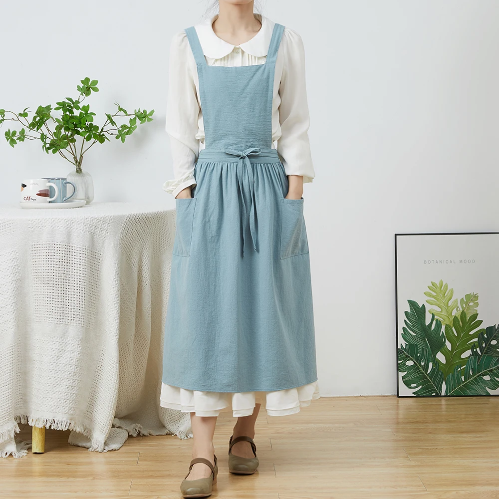Kurze nordische Wind Falten rock Baumwolle Leinen Schürze Frauen Mädchen Vintage Schürze Gartenarbeit Cross Back Träger Kleid – Detail 5