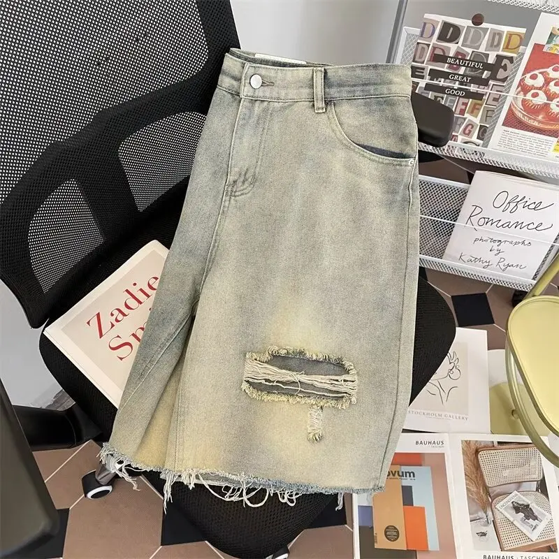 High street rasgado denim shorts verão retro azul masculino shorts americano casual moda perna reta masculino buraco na altura do joelho jeans