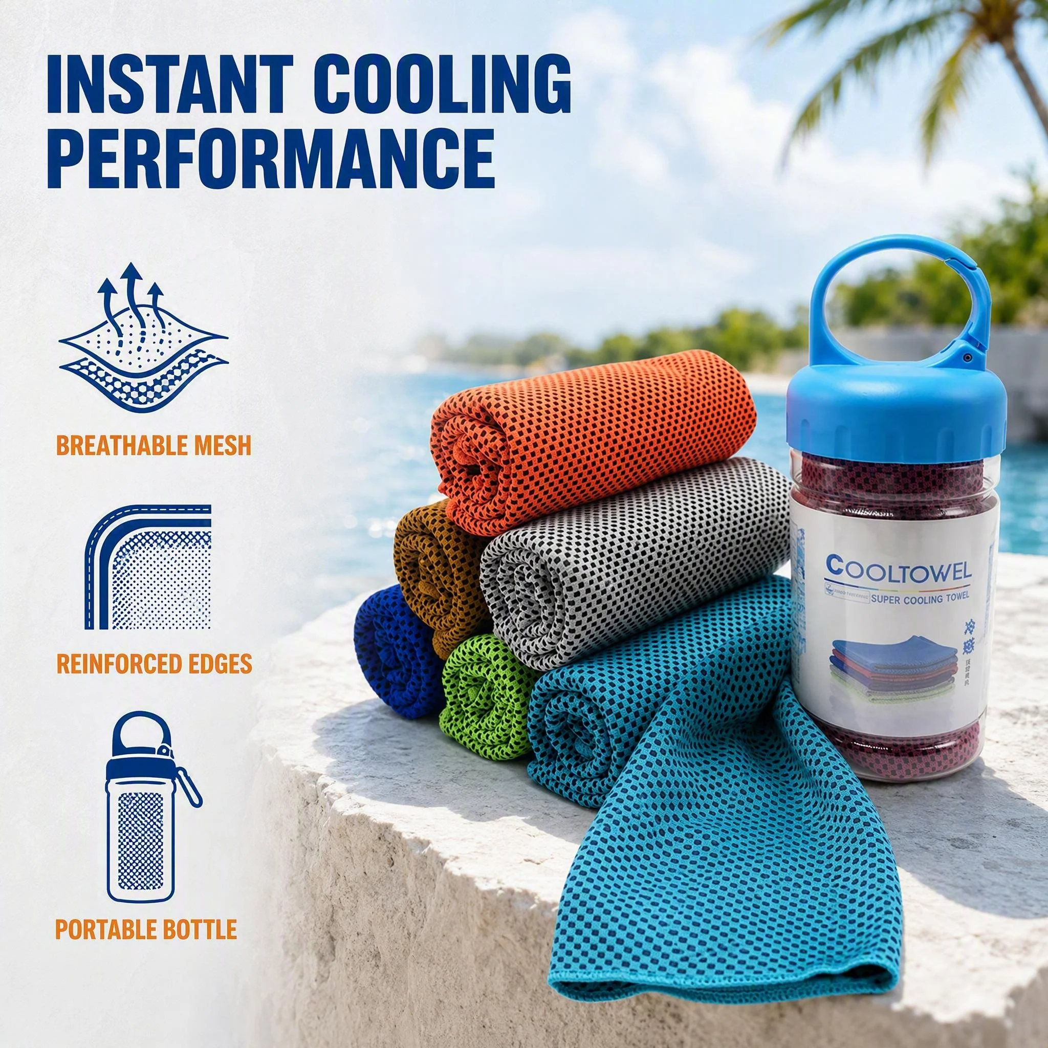2-pack portable sports cooling towels, quick-dry, sweat-absorbent and breathable, comes with a portable storage bottle