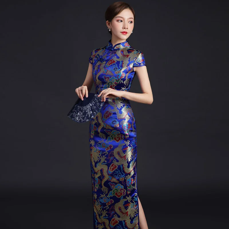 Blue New Chinese Style Cheongsam Evening Dress 2025 Women's Long Retro Mandarin Collar Dragon Satin Evening Party Qipao Dress