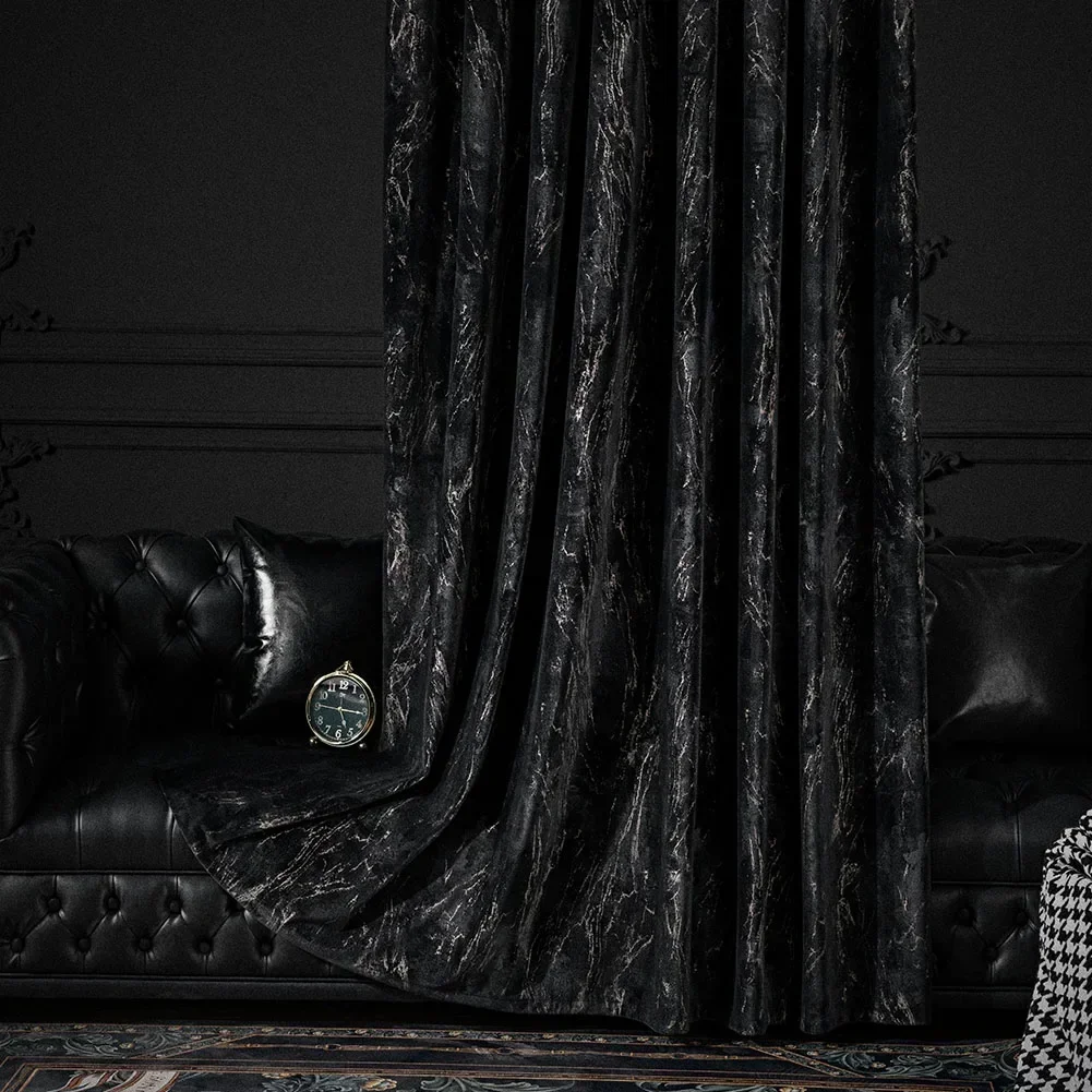 Hot Stamping Velvet Luxury Curtain for Living Room Black Blackout Retro European style Home Textile 1PC