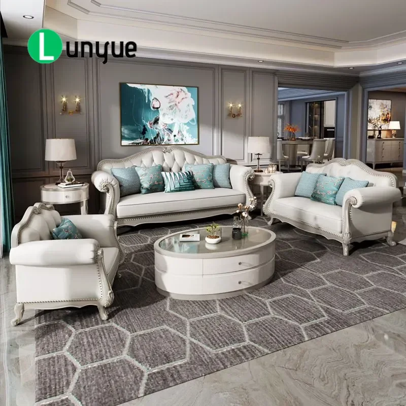 Luxury Leather Sofa Set Simple Modern European Style French Wood Frame Light Luxury Living Room Furniture for Small Apartment