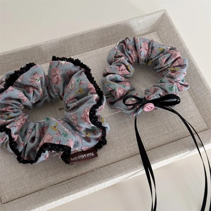 Blue background pink flower bow lace large intestine hair loop fabric low ponytail ball headband hairs accessory new style