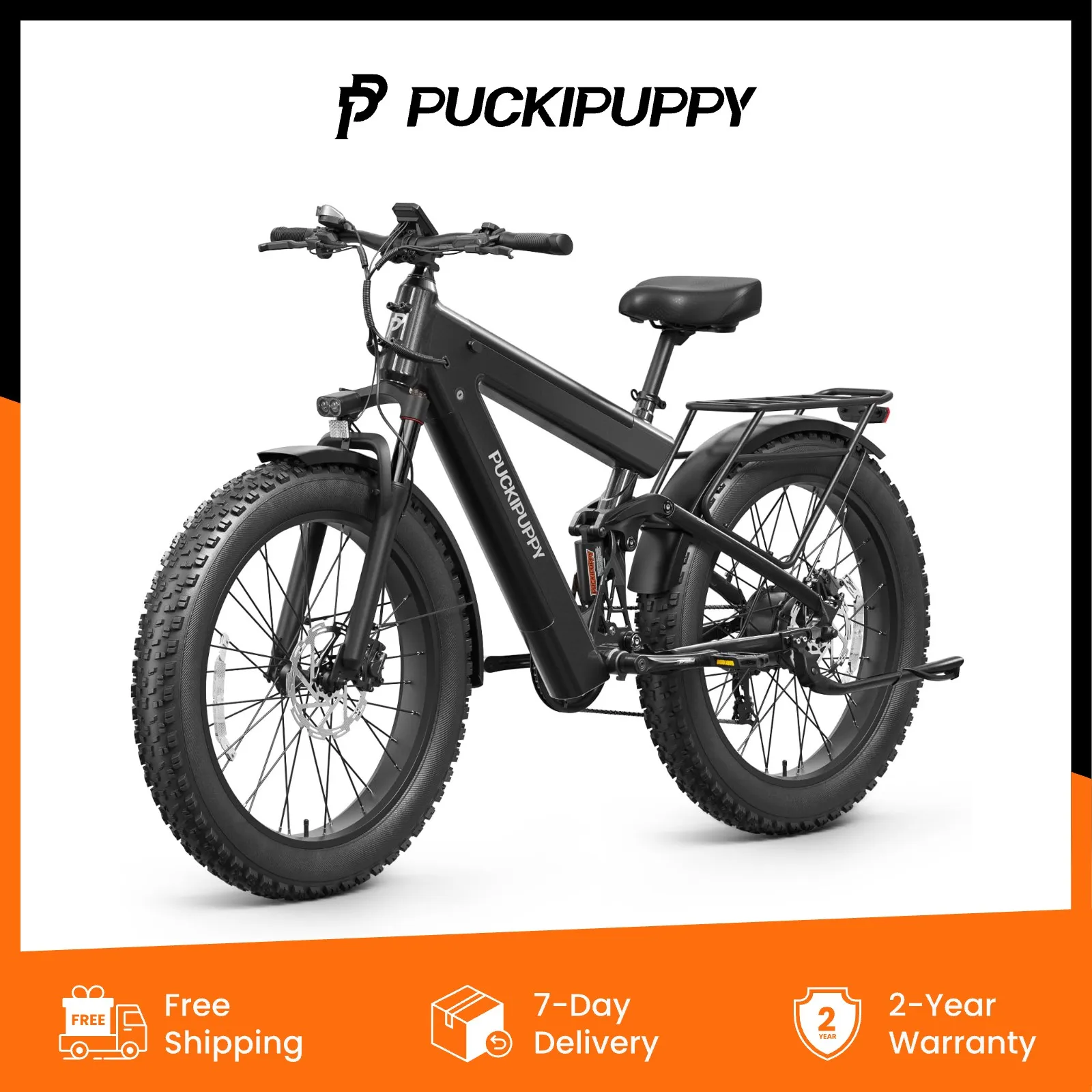 

PUCKIPUPPY Electric Mountain Bike 1350W 48V 30AH Dual Battery Ebike 26" Fat Tire 130 Miles Long Range Full Suspension E Bike