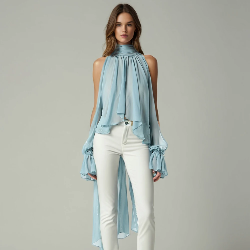 

Solid Irregular Shirts For Women High Neck Drop Sleeves Spliced Flods Temperament Shirt Female Fashion Clothing New