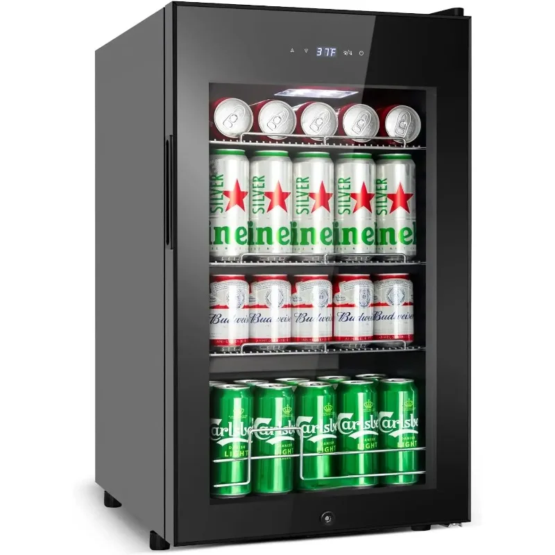 Mini Beverage Fridge Freestanding, 101 Can Beverage Cooler with Glass Door, Mini Fridge Stores Soda, Water and More