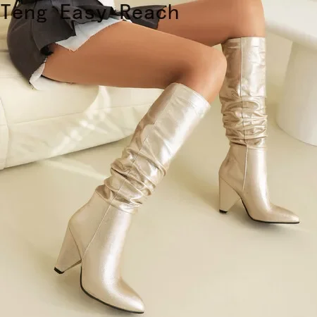 

Plus Size Gold Glitter Women Knee High Boots 2023 Block Heels Spike Heels Sexy Casual Party Ladies Bling Pleated Long Boots 43