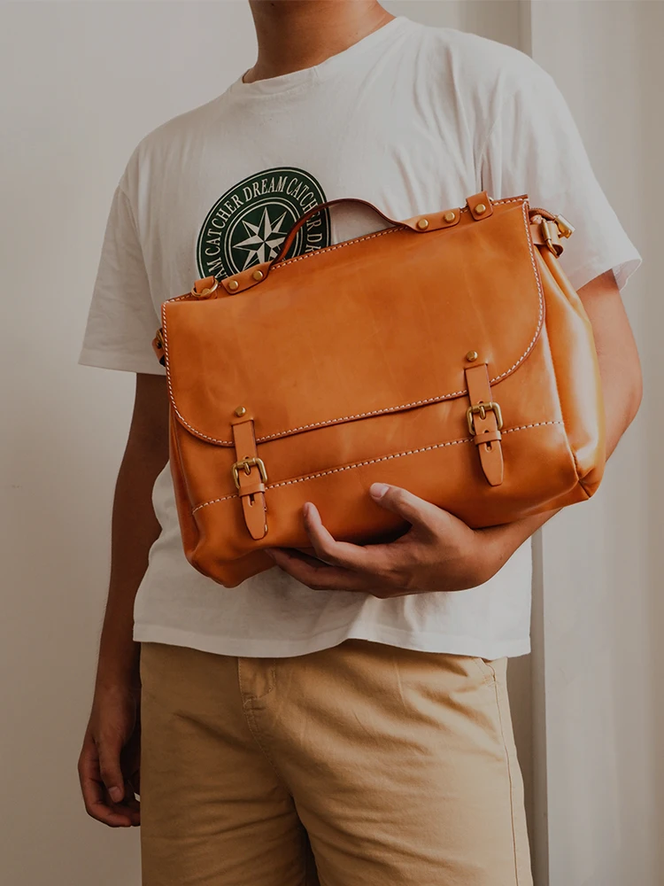 PNDME vintage high quality genuine leather men's briefcase fashion travel handmade cow leather work shoulder messenger bag