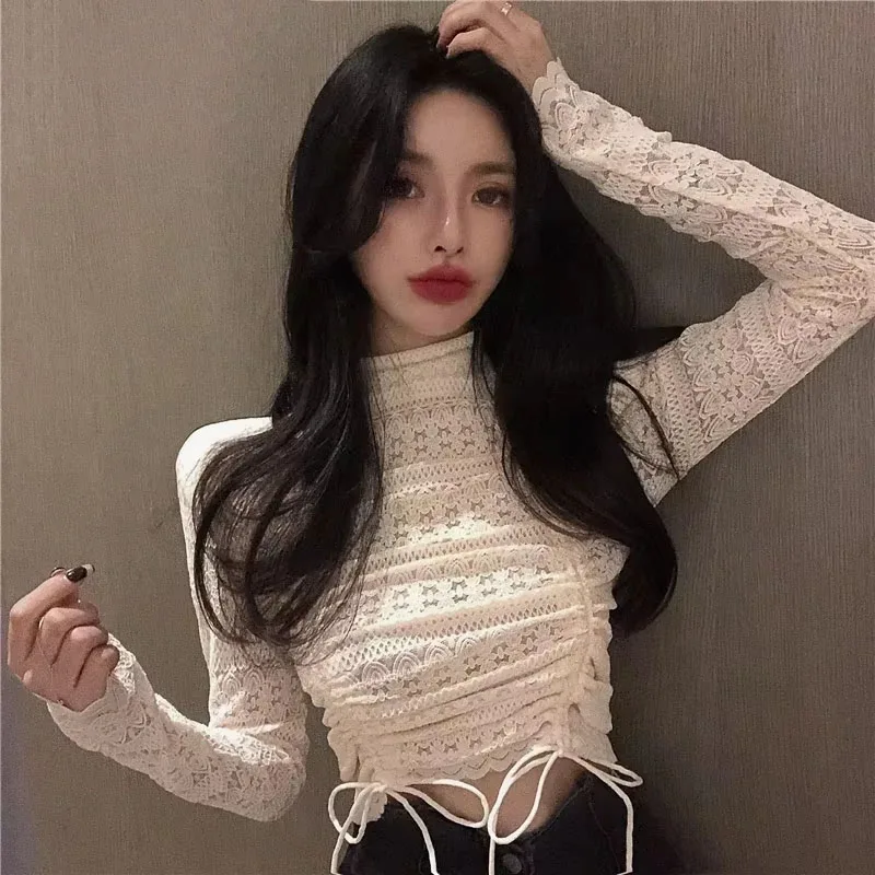 Turtleneck Lace Blouses Femme Solid Hollow Out Sexy Short Ropa Mujer Korean Fashion Autumn Winter Blusas Feminina