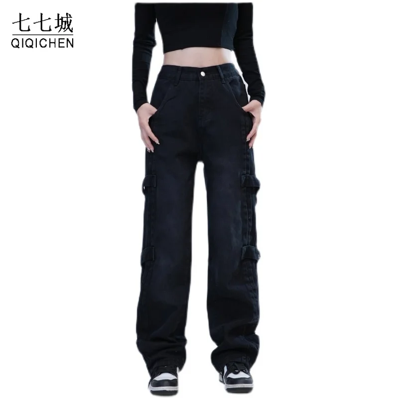 Mens Streetwear Cargo Pants Cotton Vintage Large Pockets Straight Leg Loose Pants High Street Casual Baggy Black Trousers Couple