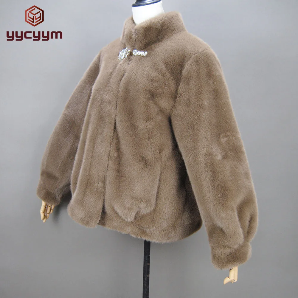 Zimowy Brązowy Gruby Ciepły Miękki Płaszcz ze Sztucznego Futra Norki Damski Długi Rękaw Stójka Elegancki Luksusowy Szykowny Puszysty Płaszcz 2025