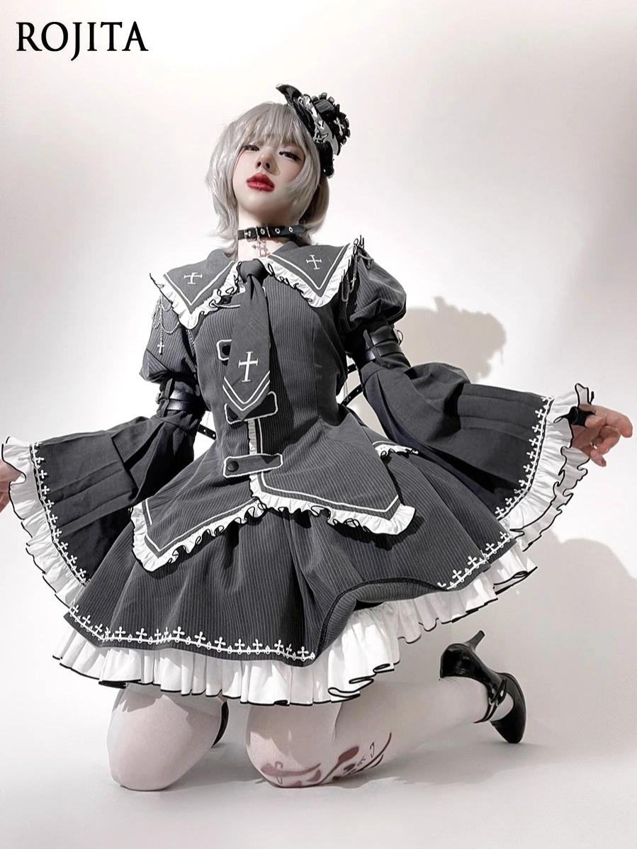 

Suit Fabric Half Skirt Sets Gothic Subculture Belt Patchwork Puff Sleeve Ruffle Patchwork Top High Waist Lolita Two-Piece Sets