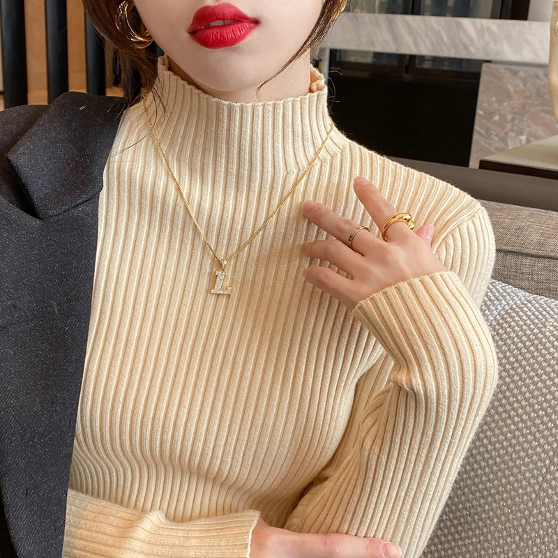 Epligg Women Turtlneck Sweater Long Sleeve Casual Slim Pullover Fashion Simple Chic Clothes Elegant Solid Basic Knitted Tops