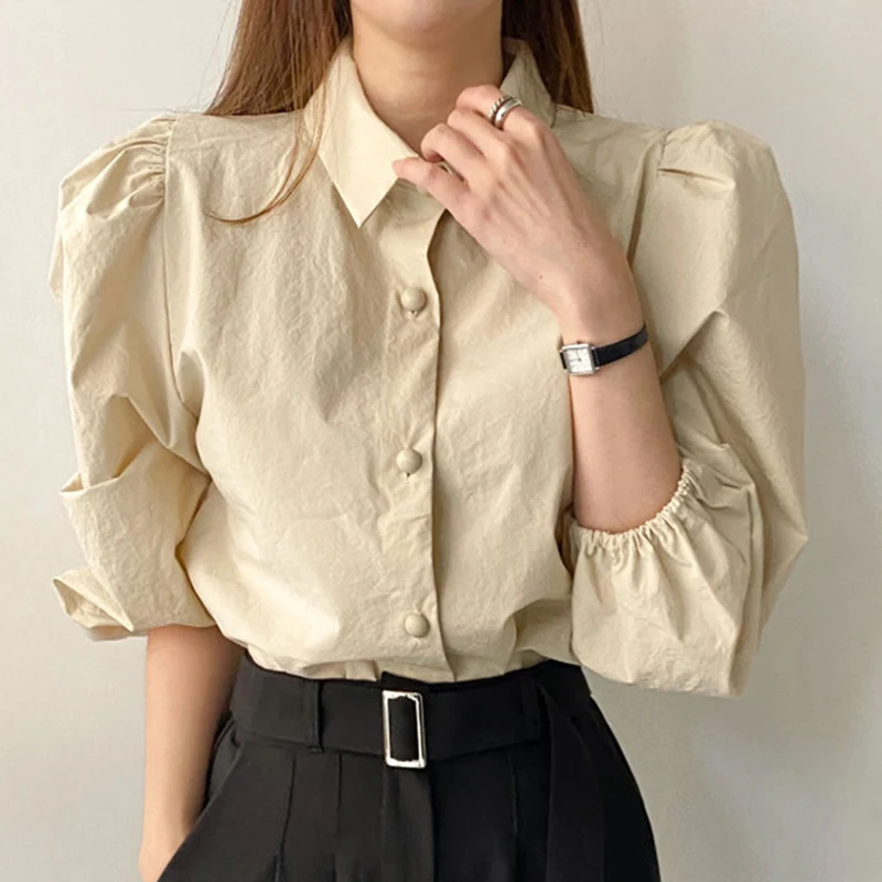 Chic Spring Basic Sle Loose Bubble Sve irt Women's  Collar Single Button Nine Points Casual Faion Top