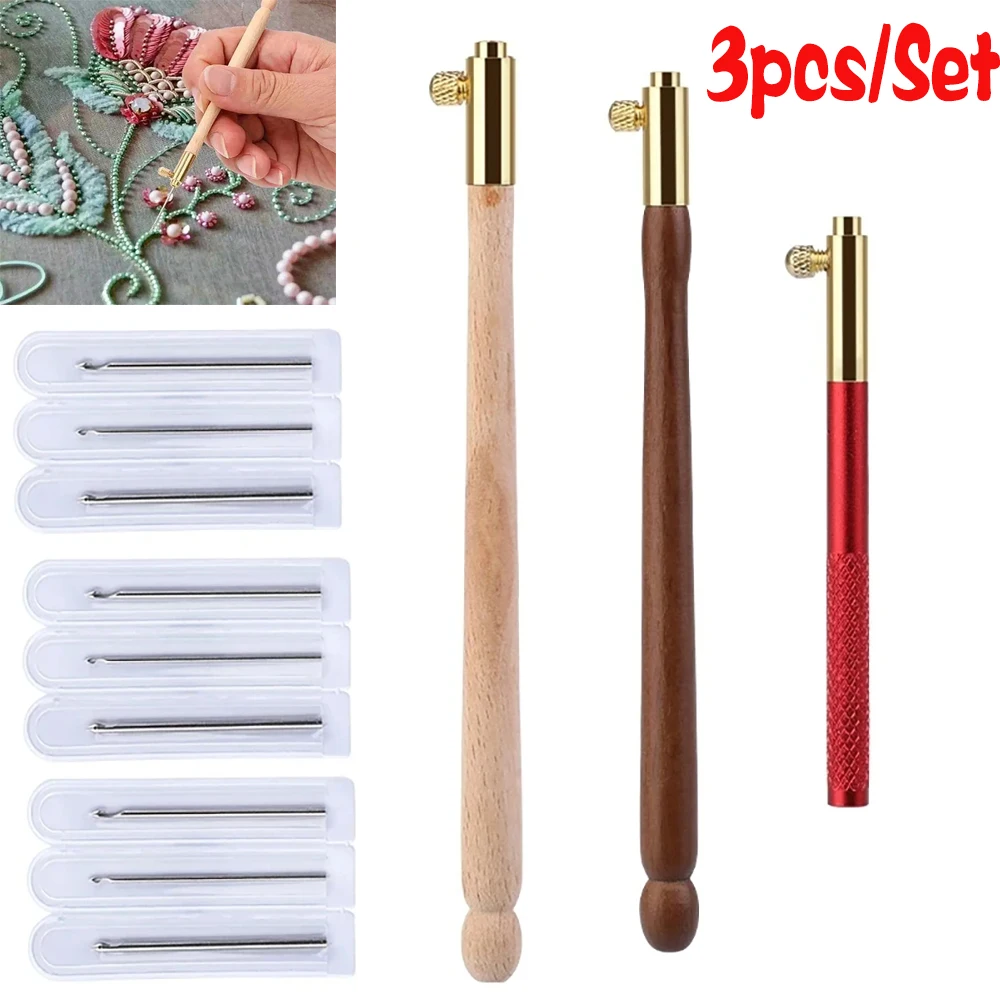 

Tambour Hooks, 3Pcs Embroidery Crochet Hooks with 9 Needles French Tambour Beading Sequins Sewing Craft Tool DIY Sewing Set
