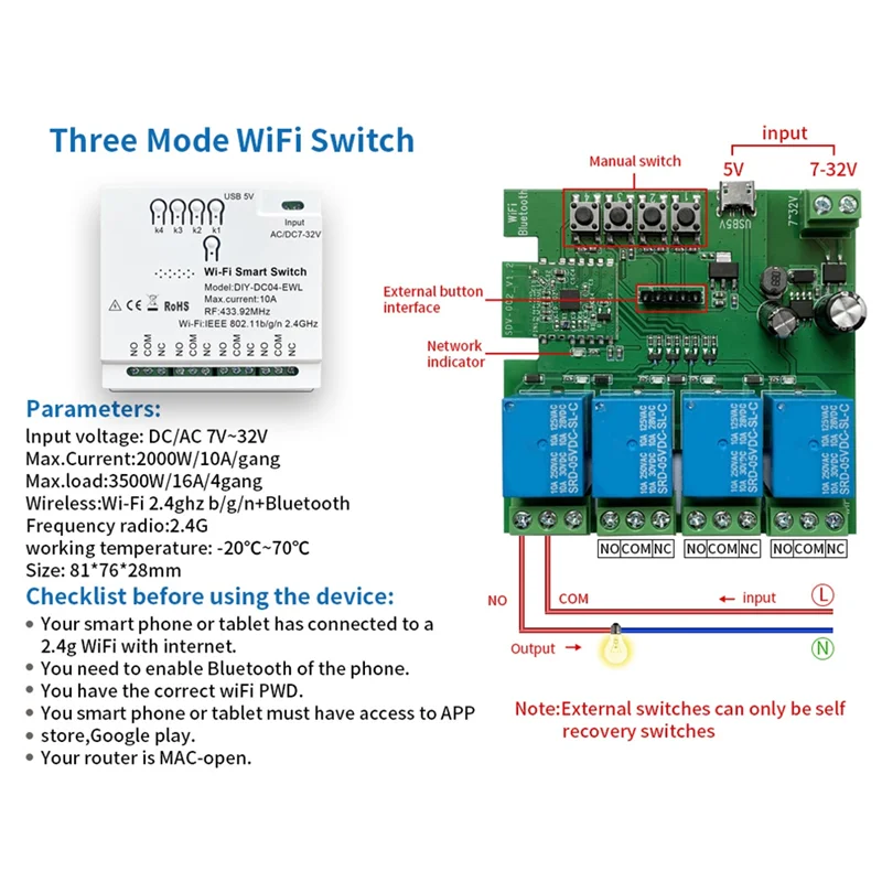Interruptor inteligente 4CH WiFi Smart Switch RF433 7-32V 2.4G WiFi Módulo de automação residencial para casa IFTT