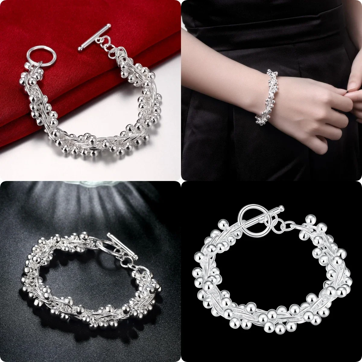 

925 sterling Silver Bracelets Solid beads heavy Chain for Women luxury Fashion Party Wedding Accessories Jewelry Christmas Gift