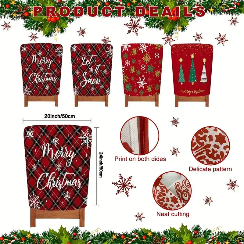 VIKAMA 4pcsXmas Dining Chair Slipcover Christmas Tree Print Dustproof Easy Install For Kitchen Banquet Christmas Party Decor