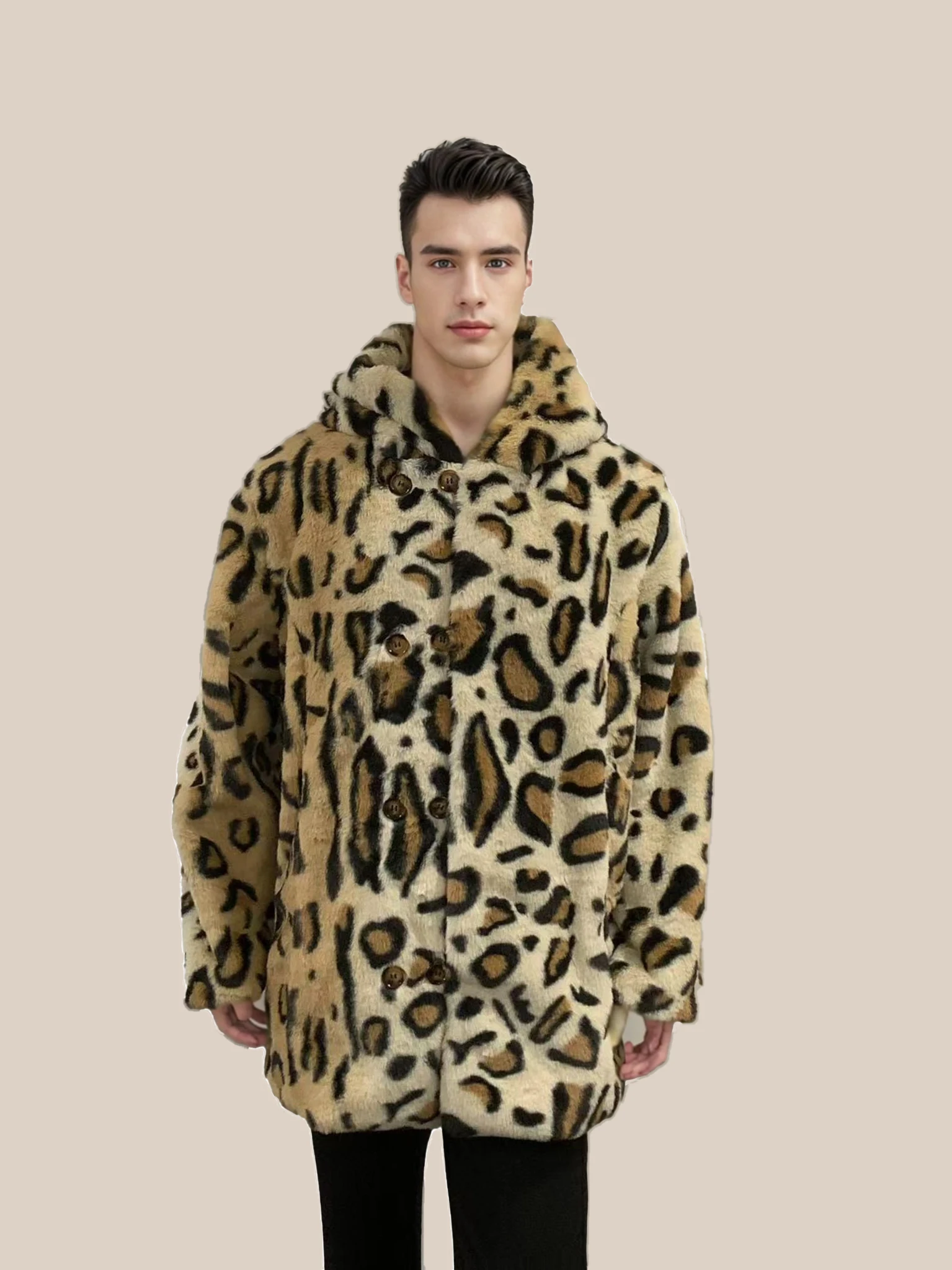 Hot Selling Men's Leopard Print Coat Winter Coat Fashion Men's Punk Jacket Street Wear Long Faux Fur Coat