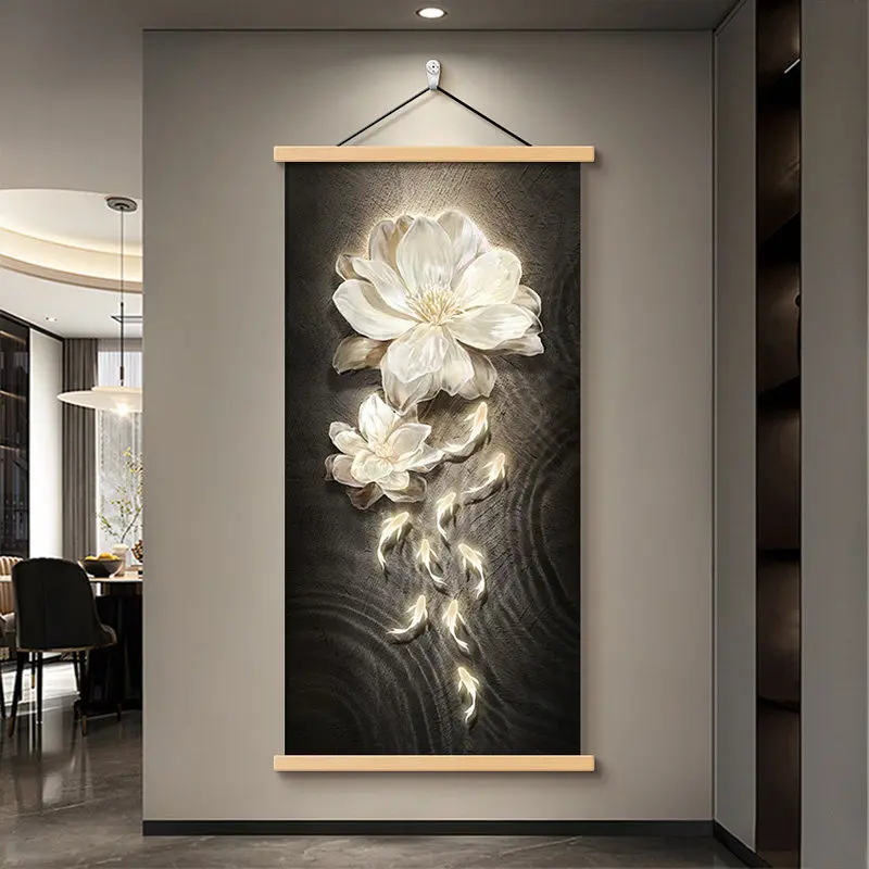 Wall Art Modern Luxe Nine Koi and Floral Pearlescent Canvas Hanging Scroll with Wooden Rods for Entryway Corridor Living Room