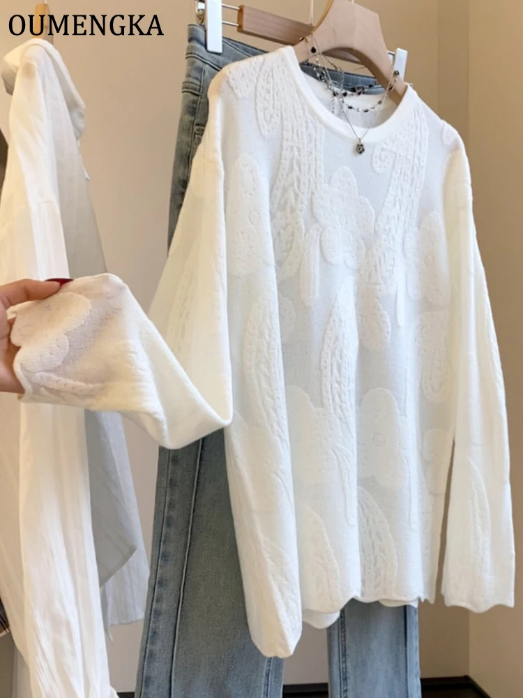 Spring Summer Solid French Knitted Crew T-Shirts Women's Long Sleeve Korean Fashion Soft Sweet Top Elegant Ropa De Mujer Tee