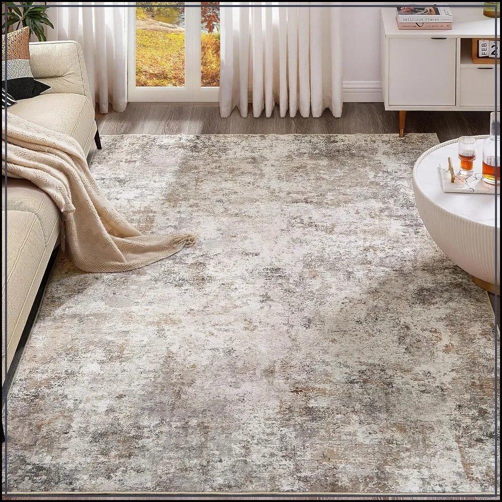 

8x10 Area Rug Living Room Rugs - Washable Neutral Modern Abstract Soft Thin Large Rug Indoor Floor Non Slip Rug Carpet for Bedroom Under Dining Table Home Office Decor - Brown Grey