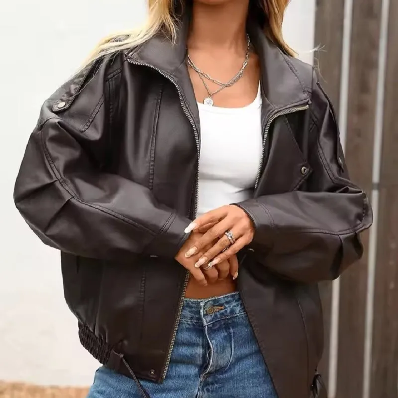 leather coat jacket in marrone