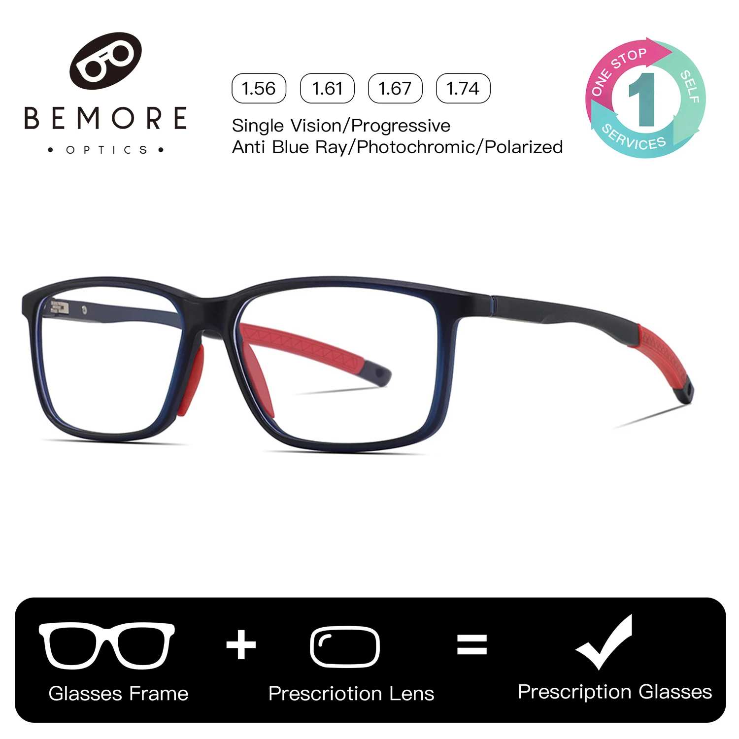 

BEMORE Sports Square Handmade Acetate Progressive Multifocal Glasses Unisex Anti-Blue Light Polarized Prescription Sunglasses