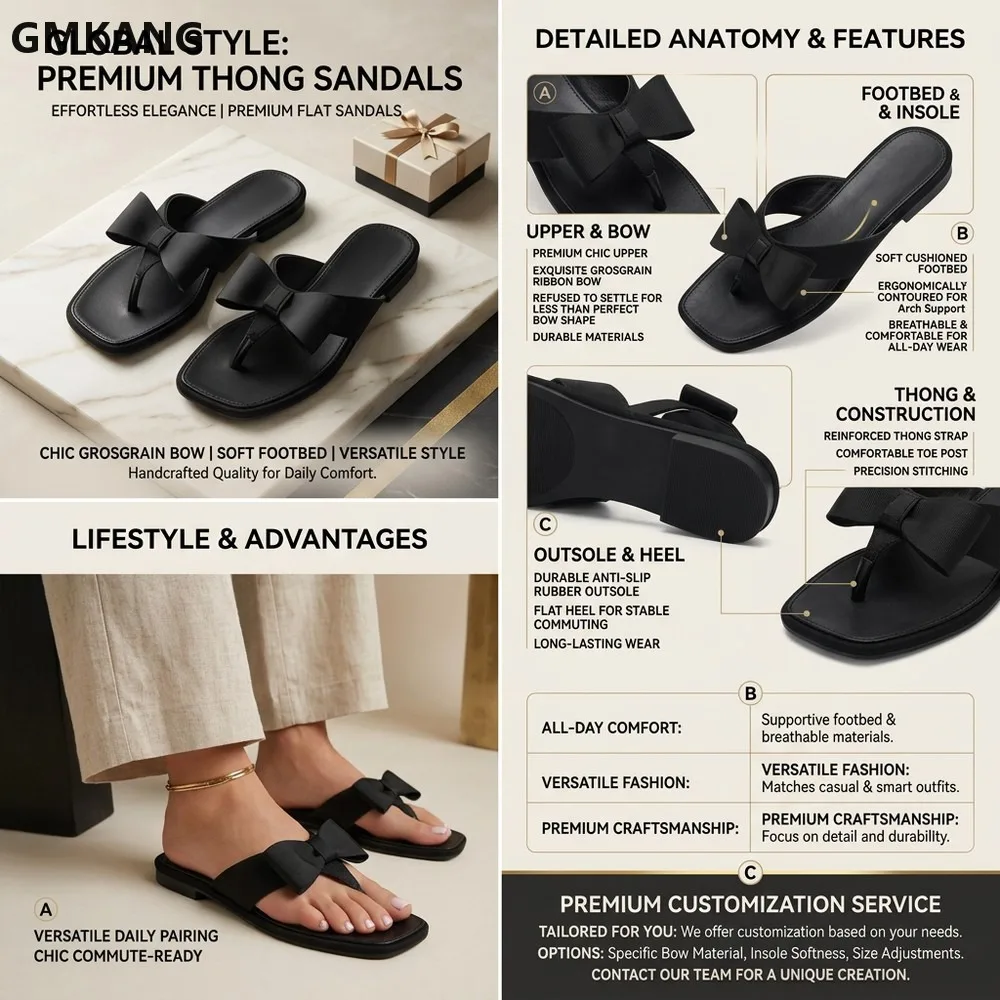 Women Square Toe Flip Flops Bow Detail Slip On Non Slip Flat Sandals Summer Outdoor Daily Beach Walking Shoes