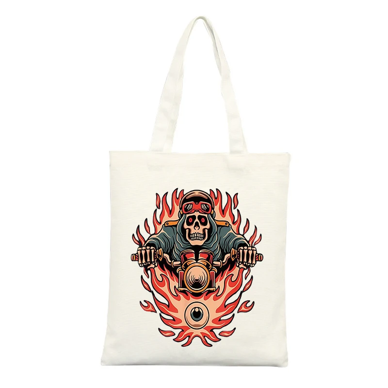 Canvas Tote Bag with Skull and Flame Graphic, Streetwear Style for Casual Outings and Daily Use