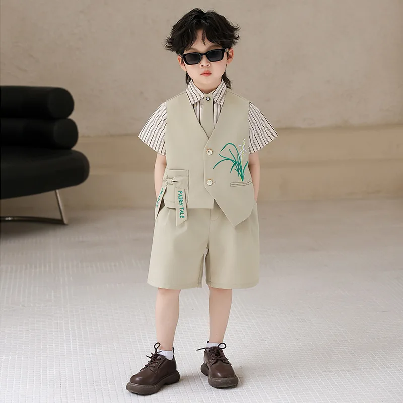 Children's New Chinese Style Vest Set Handsome Bamboo Rhyme Embroidery Formal Wear Boys' First Birthday Photography Costume