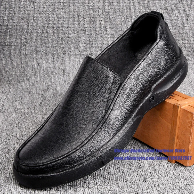 Men's Black Leather Slip-On Loafers Soft Leather Soft Sole Casual Shoes Hollow Out Leather Shoes Vintage Handcrafted Men's Shoes