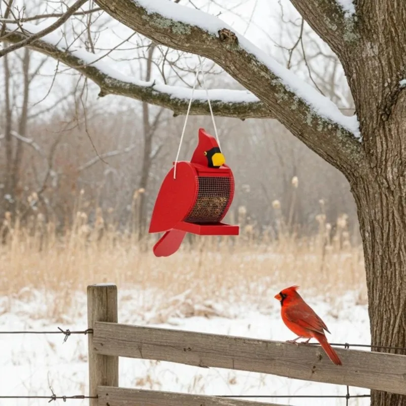 AT43-Red Hanging Suction Cup Bird Feeder-Wooden Design For Outdoor Use-Cardinal Bird Attraction