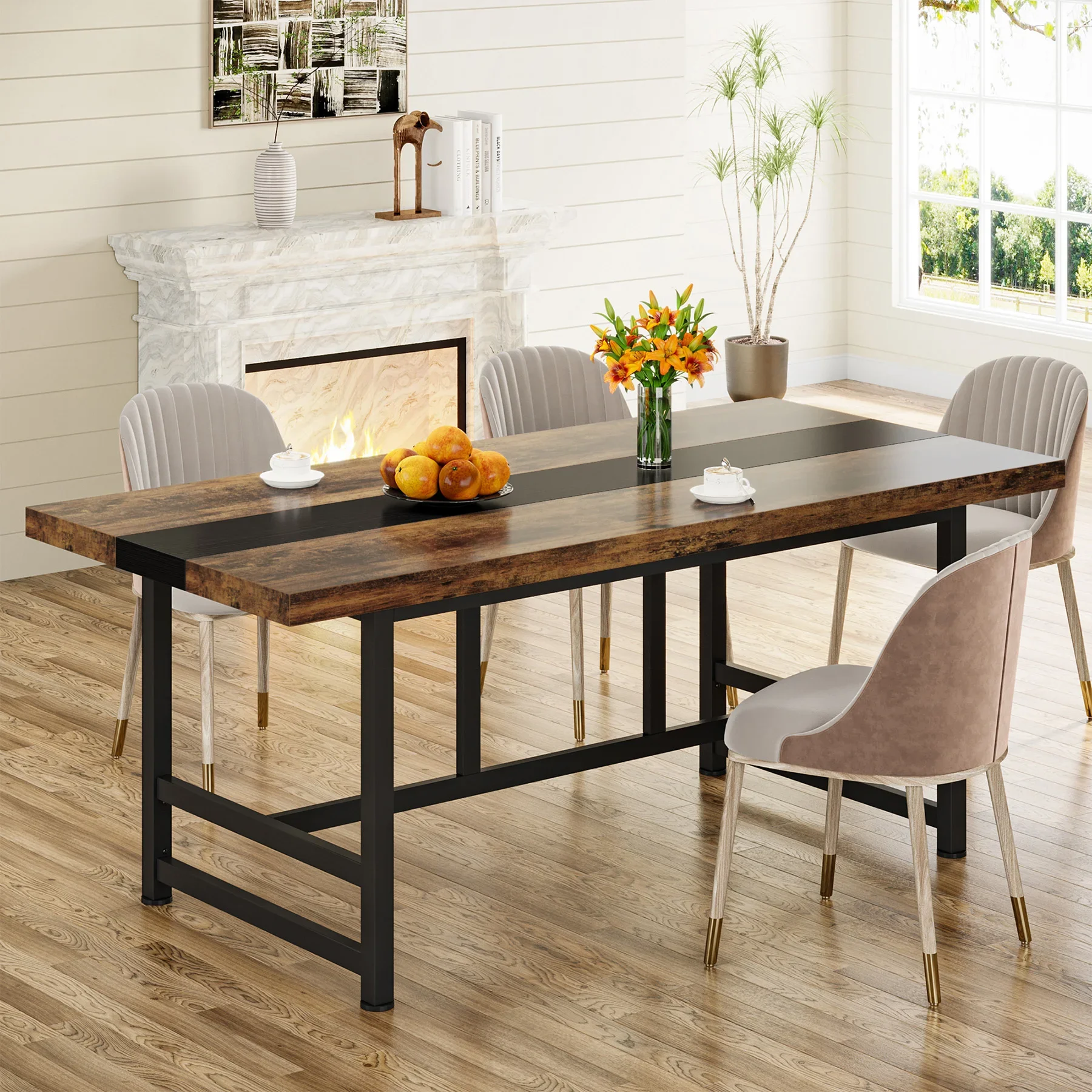 Rustic Dinning Table for 6, 70 inches Home & Kitchen Table, Wood Large Dinning Room Tableb with Metal Frame