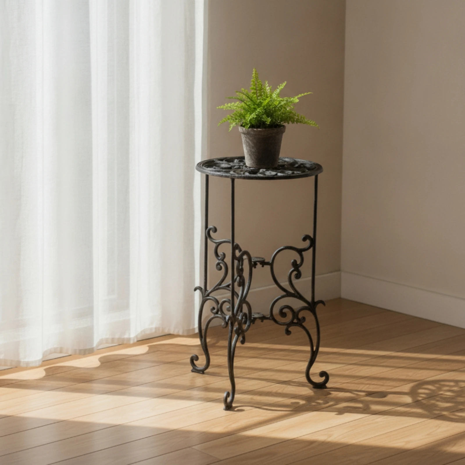 Wrought Iron Plant Stand Decorative Metal Flower Pot Holder Iron Pedestal with Scrollwork Compact Display Riser Easy Assembly