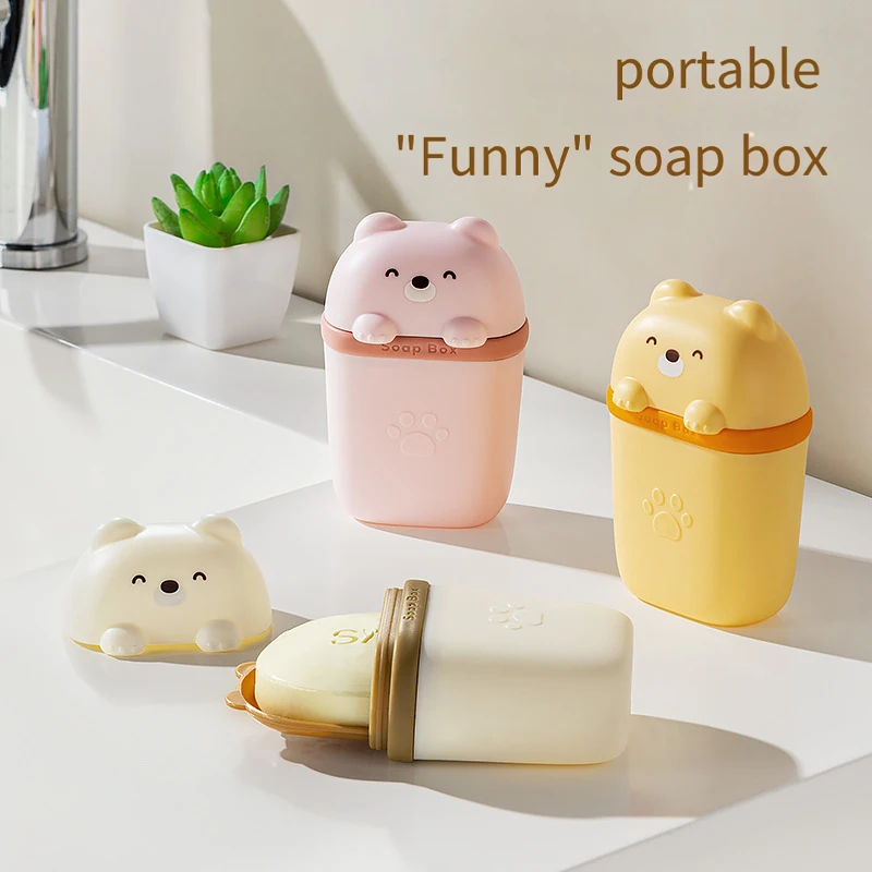 1PC Cartoon Bear Portable Soap Dish Sealed Storage Box Waterproof Travel Home Bathroom Soap Box Camping Bedroom Storage Soap Box