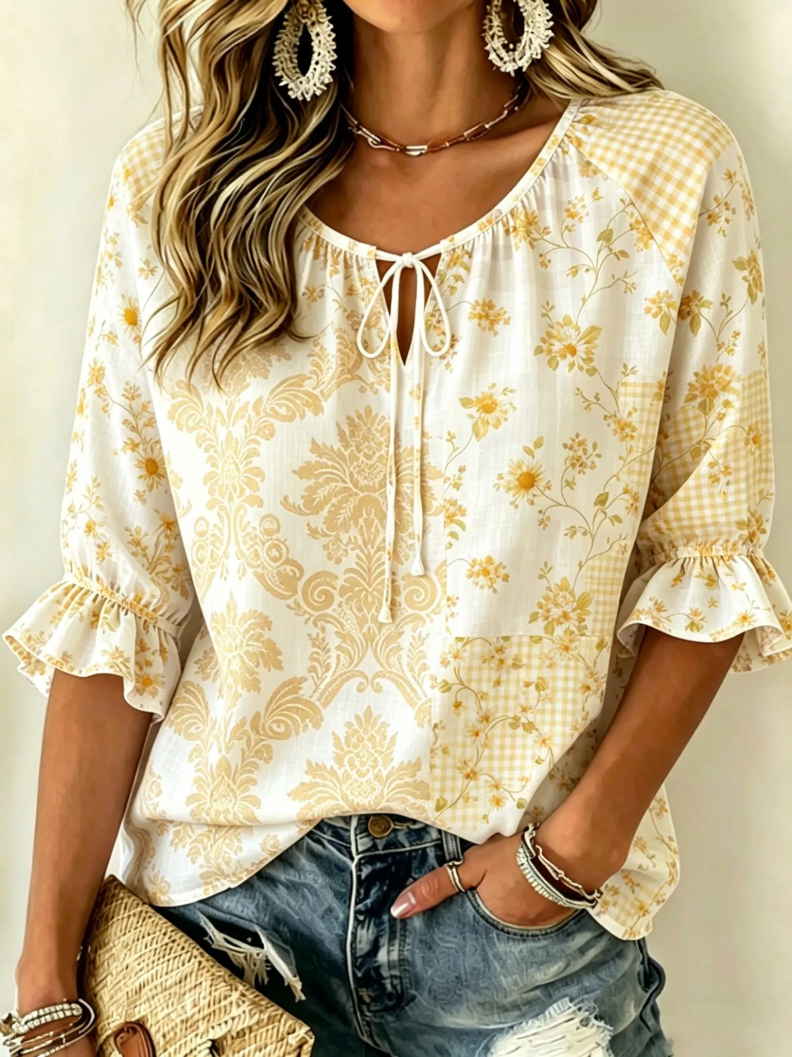 

Women's Yellow Floral & Gingham Mix Print Tie Front Blouse, Casual Loose Top for Spring Summer Daily Wear