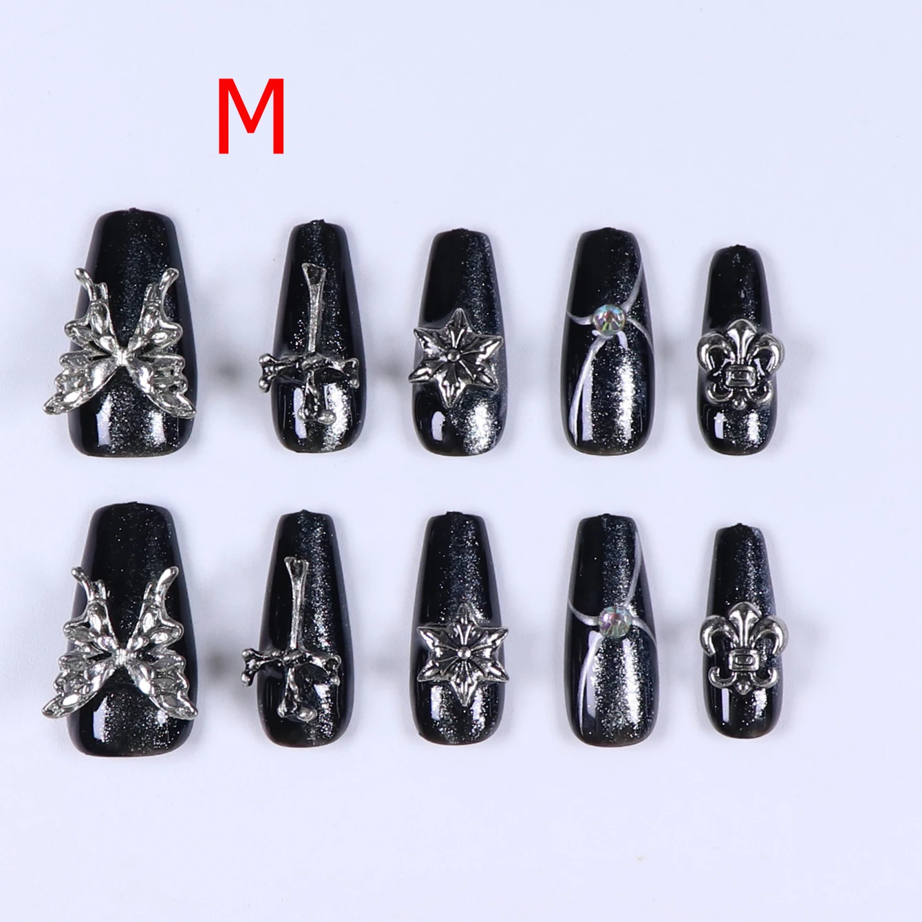 10 Stück wiederverwendbarer, glatter, langer Feiertagsnagel mit Press-Nagel, 3D-Schmetterlings-Design, Pressnagel, Nagel-Strass-Kunstnagel – Schwarz