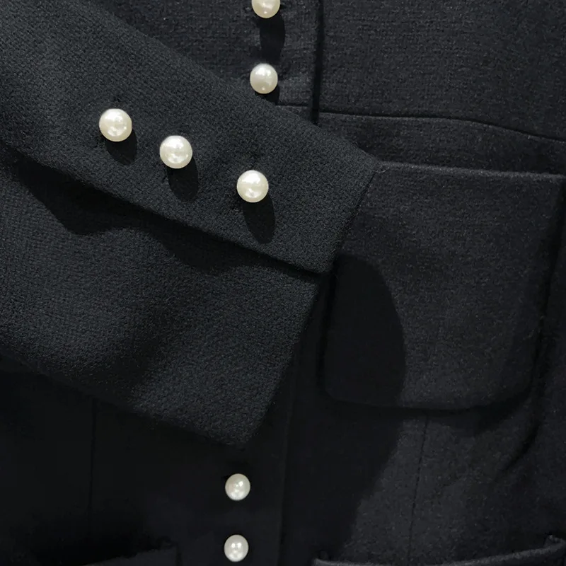 Damski czarny płaszcz ze stójką, dopasowany, z kieszeniami, nowa kurtka damska na jesień i zimę.