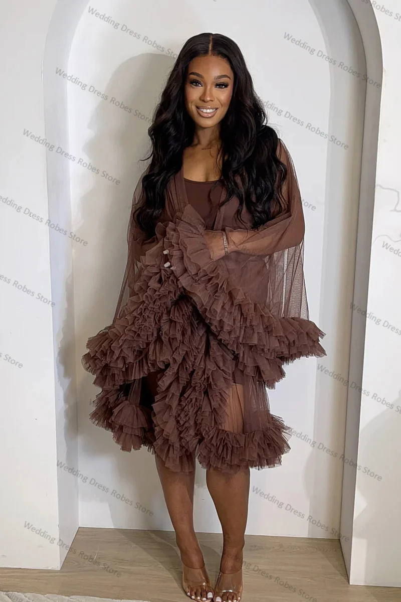 Brown 2 Pieces Wedding Maternity Dress Photography Full Sleeves Short Mini Bride Robe Ruffles Wedding Prom Gowns Customized
