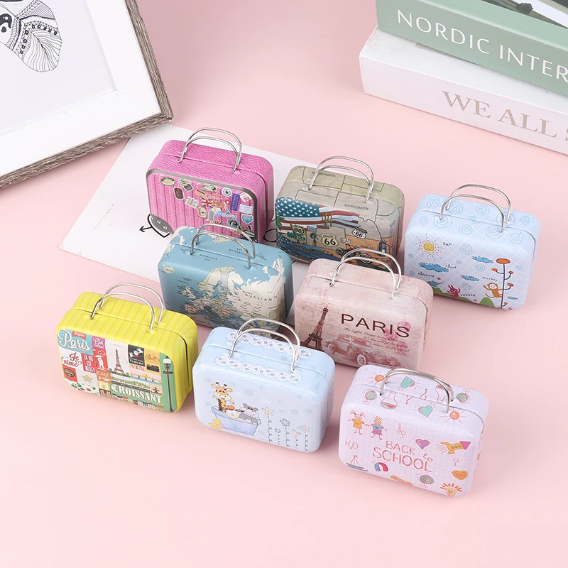 1Pc Vintage Mini Suitcase With Handle Candy Tinplate Storage Box For Wedding Gifts Candy Chocolate Travel Portable Container