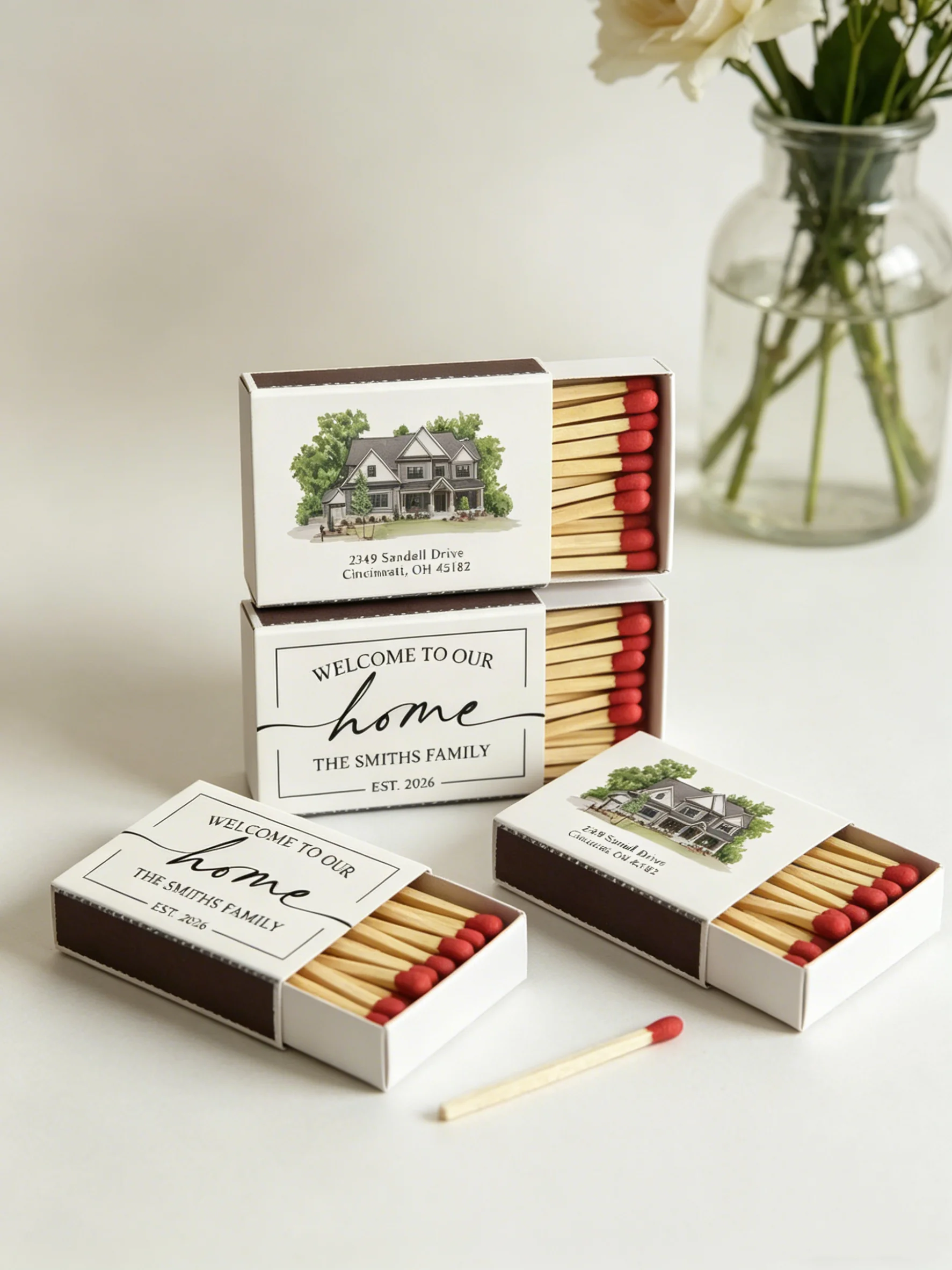 

Personalized House Portrait Matchboxes Custom Illustration Housewarming Gifts Realtor Closing Gift Set New Home Favors
