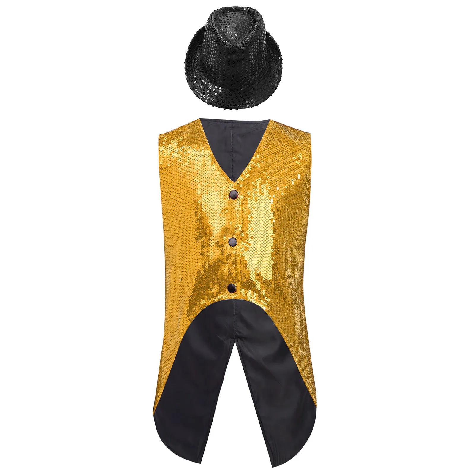 

Kids Girls Boys Shiny Sequin Vest Waistcoat Outerwear Sleeveless Formal Suit Jacket+Hat for 5Pcs Jazz Dance Party Performance