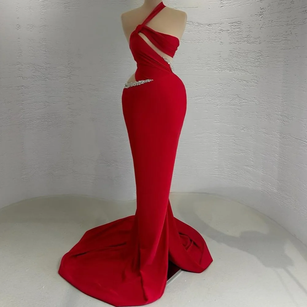 

Mermaid One Shoulder Jersey Sleeveless Red Fashion and Temperament Party Gowns Crystal Pleats Chapel Train Saudi Arabia 2024