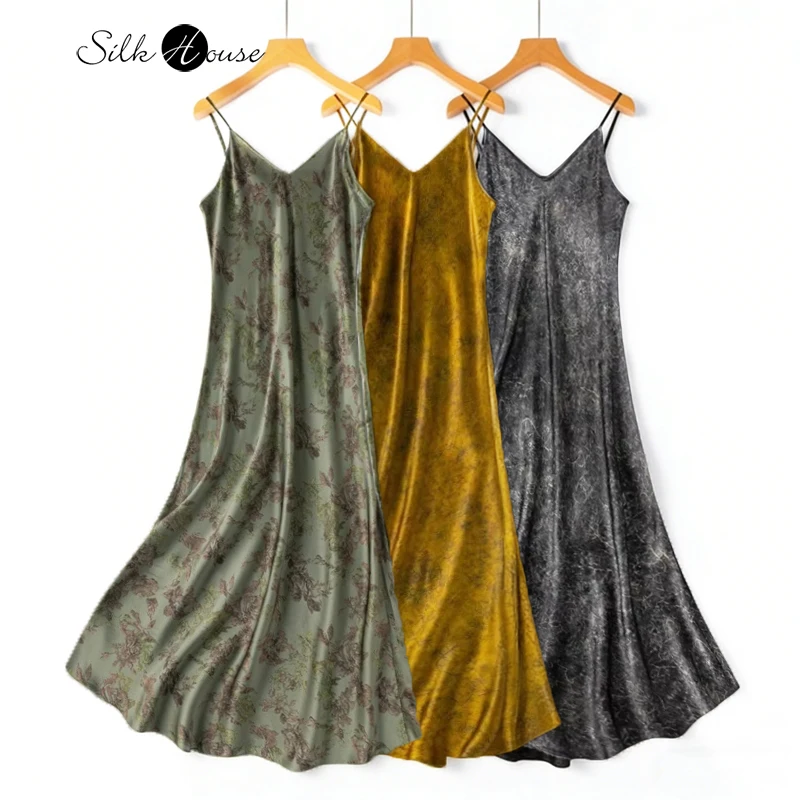2026 Women's Spring/Summer New Slant Cut 21MM 100% Natural Mulberry Silk Plain Satin V-neck Printed Spaghetti Strap Party Dress