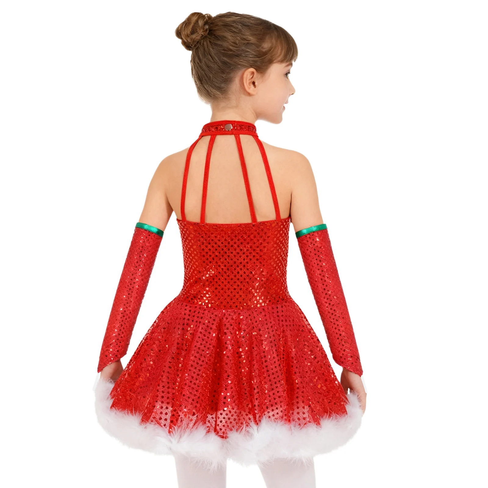 Disfraz de Navidad para niñas, Papá Noel, disfraz de caramelo, lentejuelas brillantes, tutú con lazo, vestido de Ballet con mangas hasta el codo