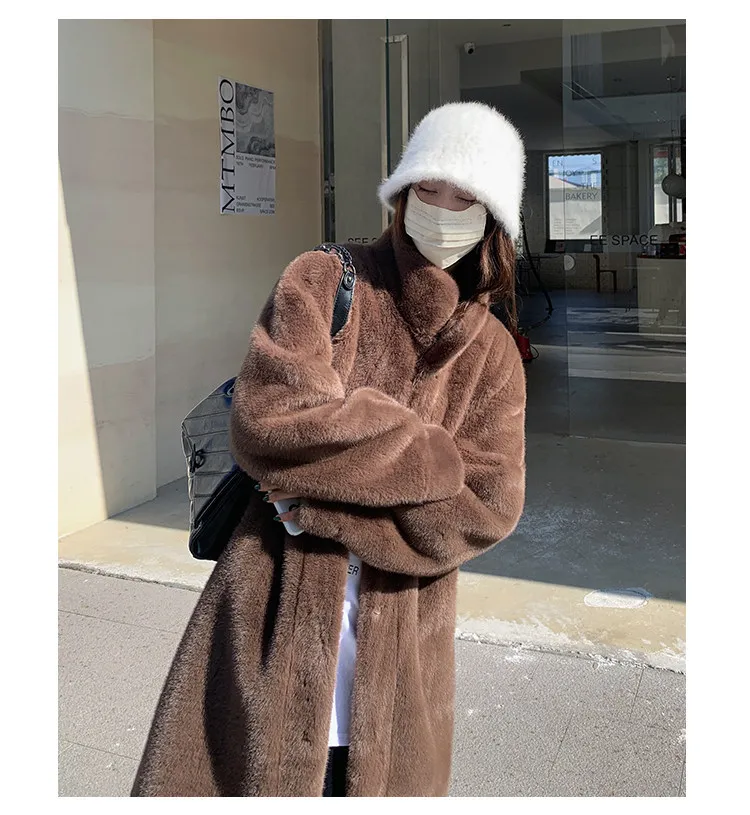 Women's Thick Faux Mink Fur Mid-length Coat Autumn Winter Fashion Stand Collar Plush Outerwear Women Elegant Warm Fluffy Jackets