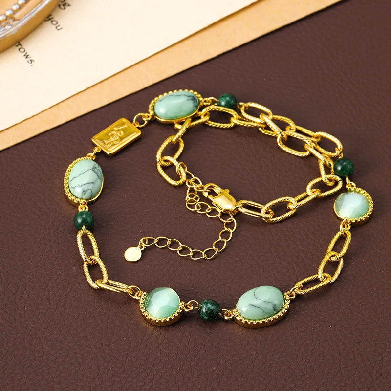 

Retro New Bohemian Style Natural Stone Pendant Women's Necklace Bracelet Accessories Designer Clavicle Chain Women's Jewelry Set